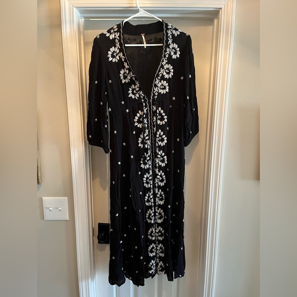 Free People Black and White Embroidered Caftan/Cover Up